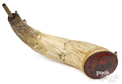 OVERSIZED CARVED POWDER HORN 19TH 311a6e