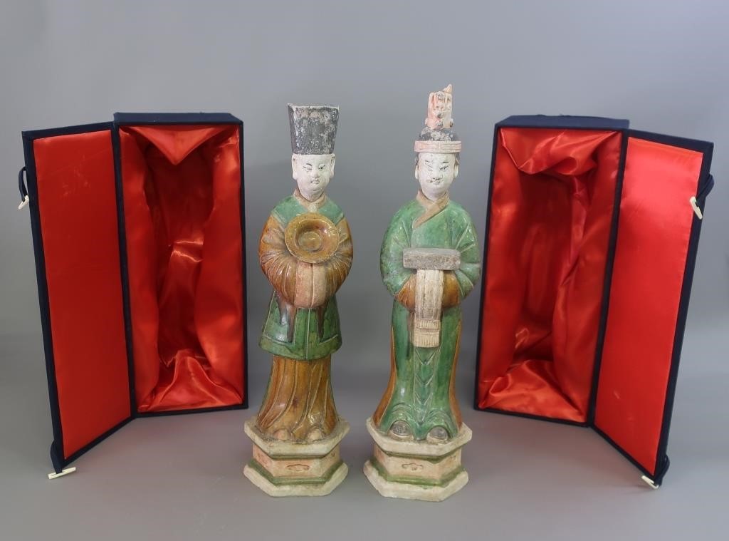 Two Chinese earthenware glazed guardian
