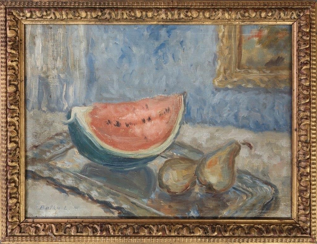 Oil on canvas still life of a watermelon