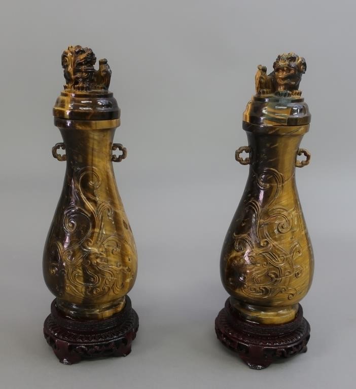 Two tiger's eye quartz carved vases