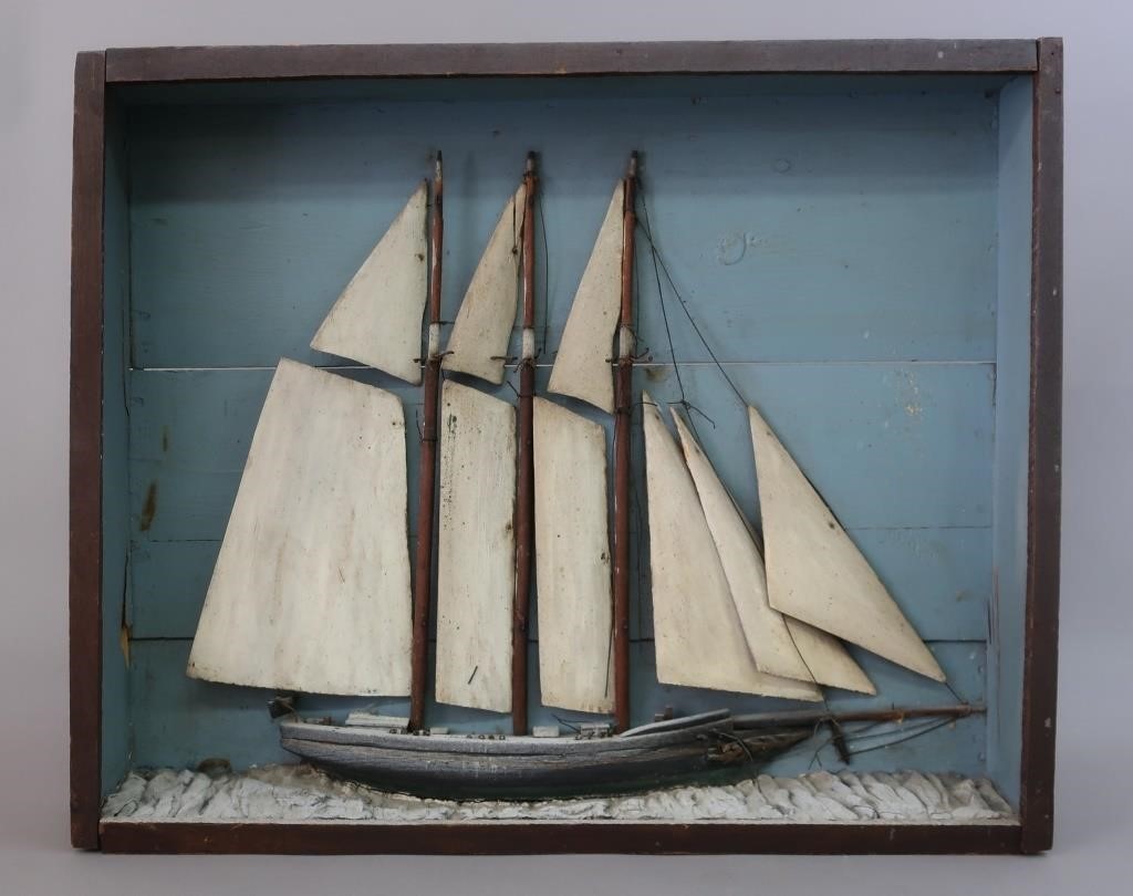 Wood ship diorama of a coastal schooner,