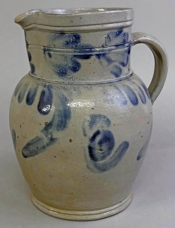 One gallon stoneware pitcher with blue