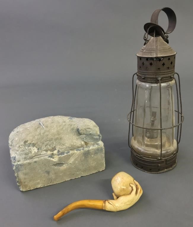 Tin and glass lantern, 13"h, a