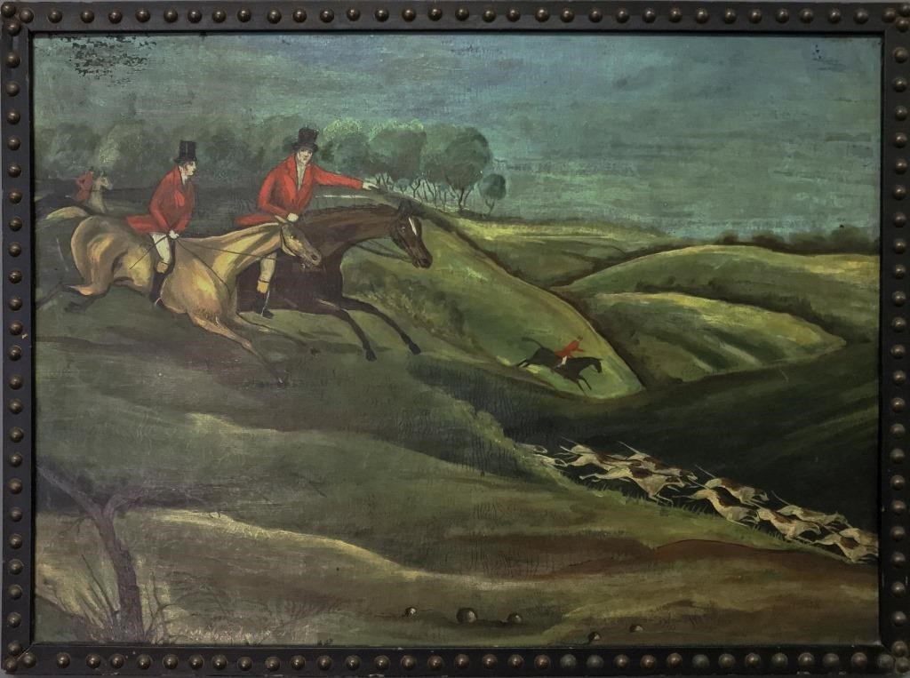 Folk Art oil on board of a fox hunt,