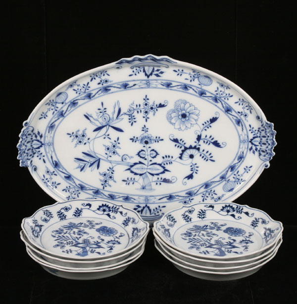 Meissen tray and eight Blue Danube bowls.