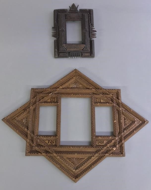 Chip carved tramp art frame, dated