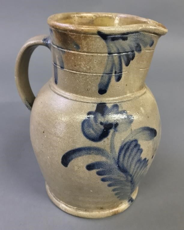 Remmey stoneware pitcher with blue flower