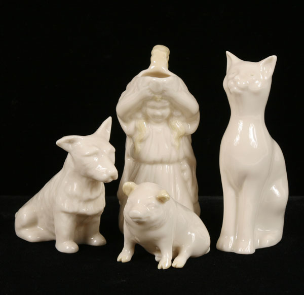 Belleek porcelain items; cat, dog, pig,