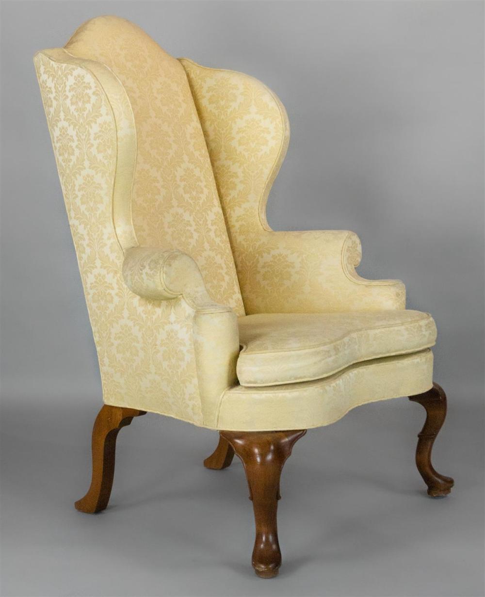 QUEEN ANNE STYLE DAMASK UPHOLSTERED