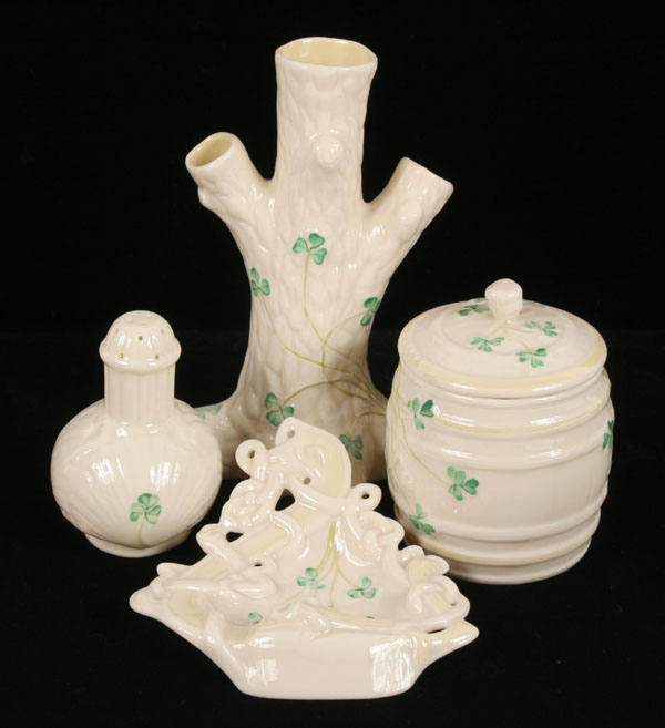 Belleek porcelain shamrock items;