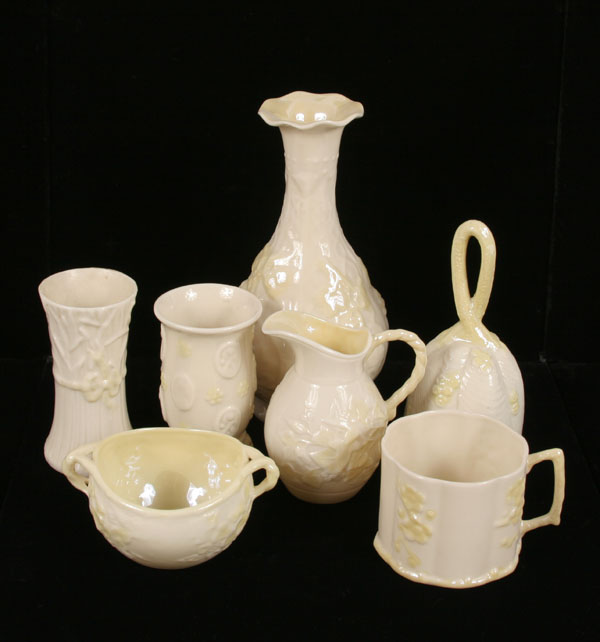 Belleek porcelain glazed pieces; all