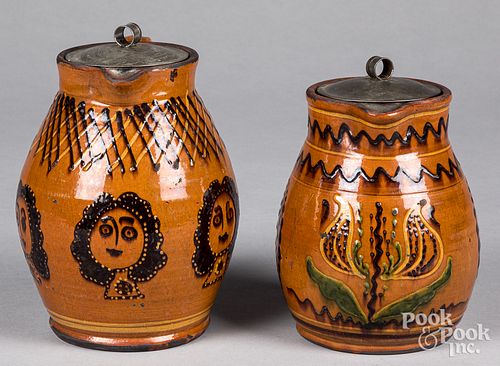 TWO SHOONER REDWARE PITCHERSTwo