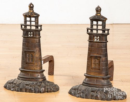 PAIR OF CAST BRASS LIGHTHOUSE ANDIRONS  311eb6