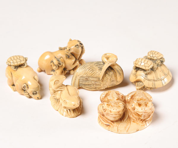 Six carved elephant ivory netsuke