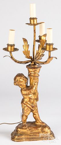 GILTWOOD PUTTI LAMP, 19TH C.Giltwood