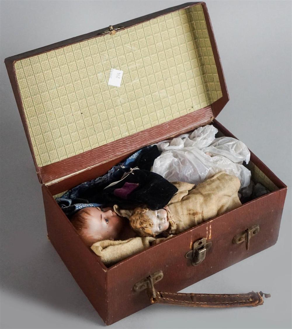 THREE SMALL ANTIQUE DOLLS IN BOX