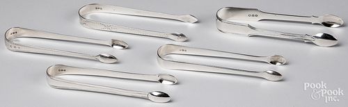 FIVE ENGLISH SILVER SUGAR TONGS,