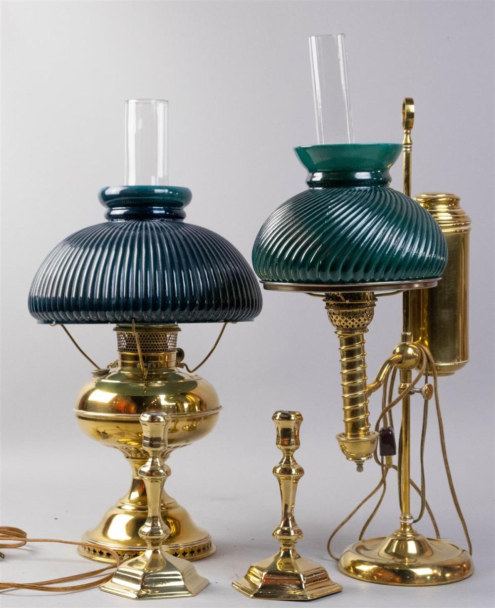 TWO BRASS STUDENT LAMPS WITH HURRICANES 3121fb