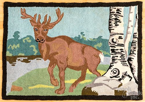 HOOKED RUG OF A STAG AND BIRCH