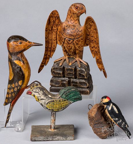 FOUR CARVED AND PAINTED BIRDS, 20TH