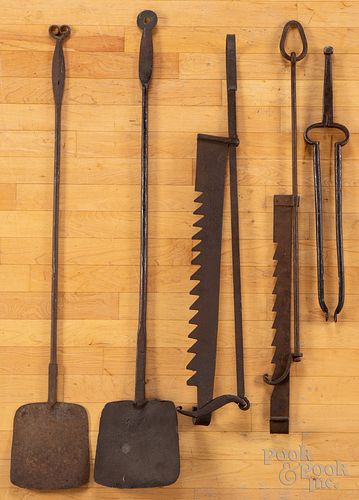GROUP OF WROUGHT IRON FIRE TOOLS,