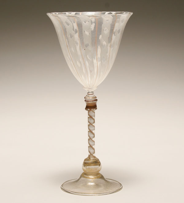 Murano latticino art glass goblet. 9H.