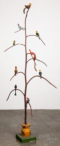 LARGE CARVED AND PAINTED BIRD TREELarge