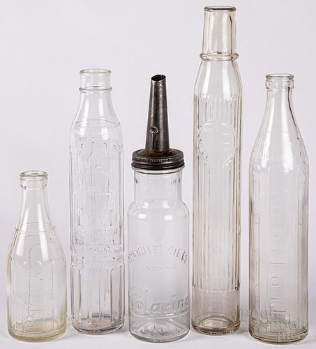 FIVE GLASS OIL BOTTLES, TO INCLUDE