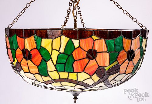 LEADED GLASS HANGING SHADE, 20TH C.Leaded