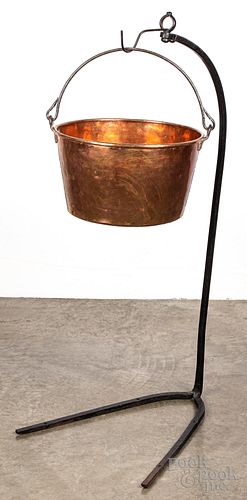 COPPER KETTLE ON WROUGHT IRON STAND  30fdf1