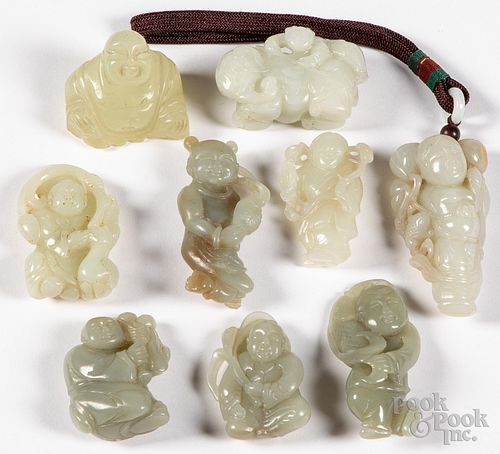 NINE CHINESE CARVED JADE FIGURESNine