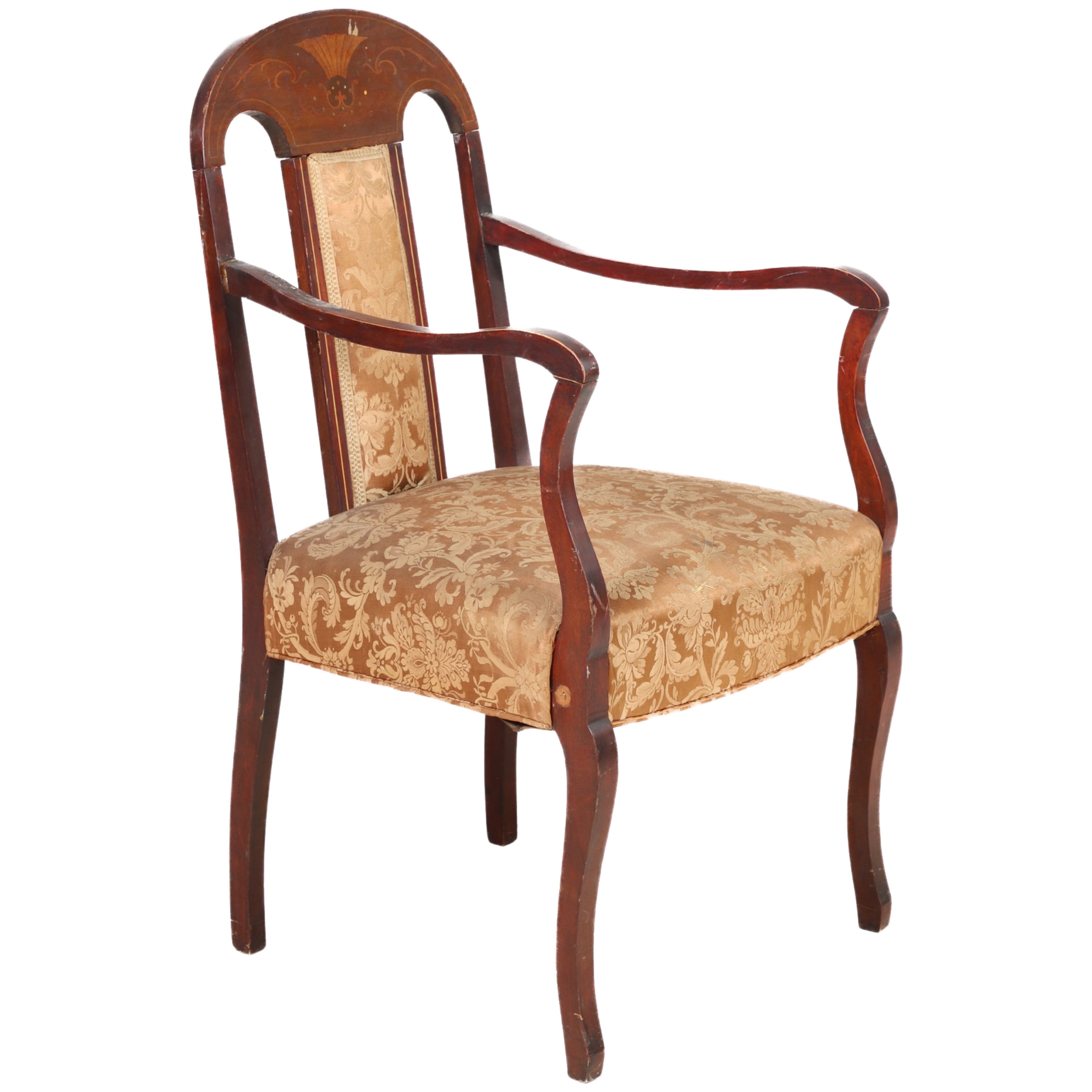 Carved mahogany inlaid open armchair,