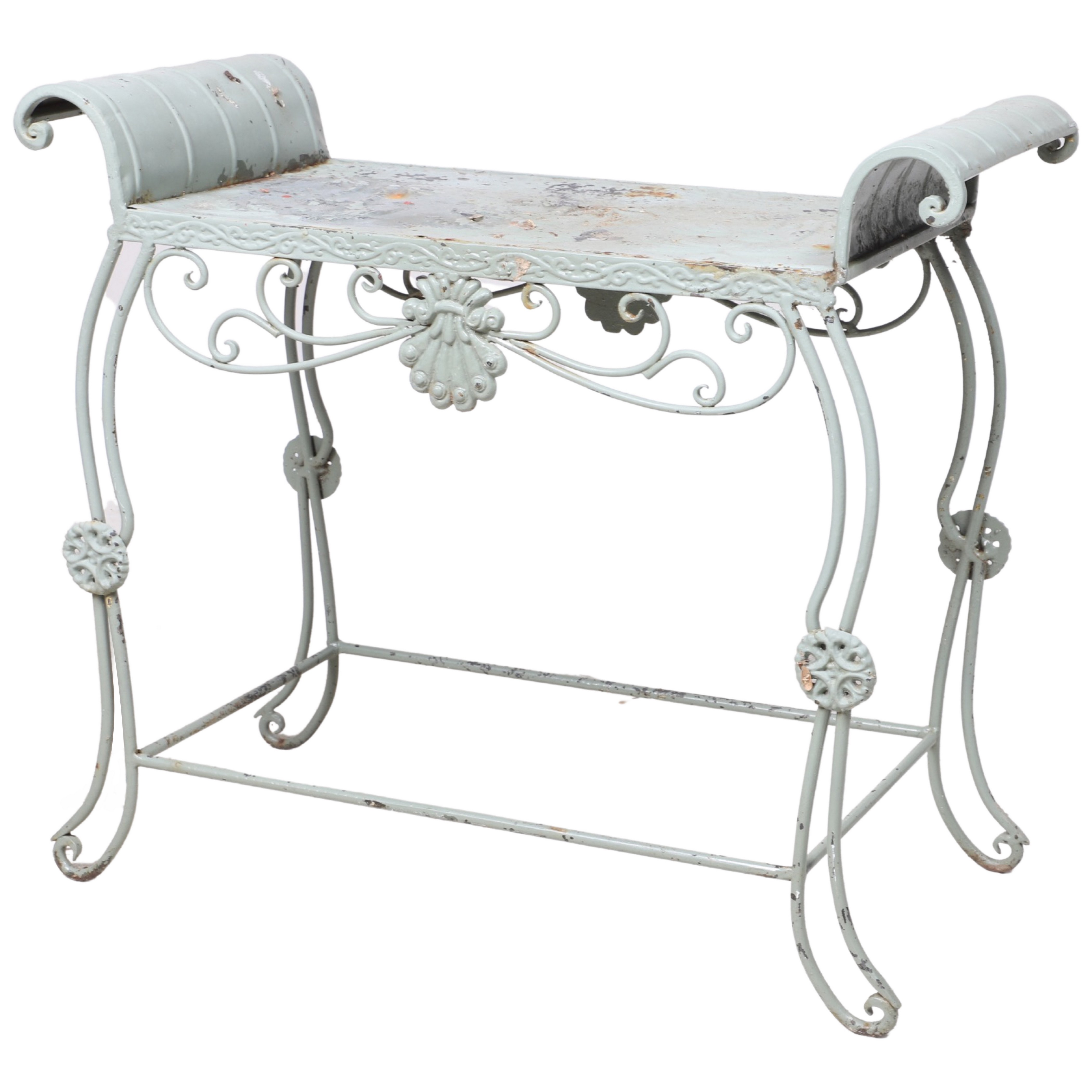 Green painted metal garden bench,