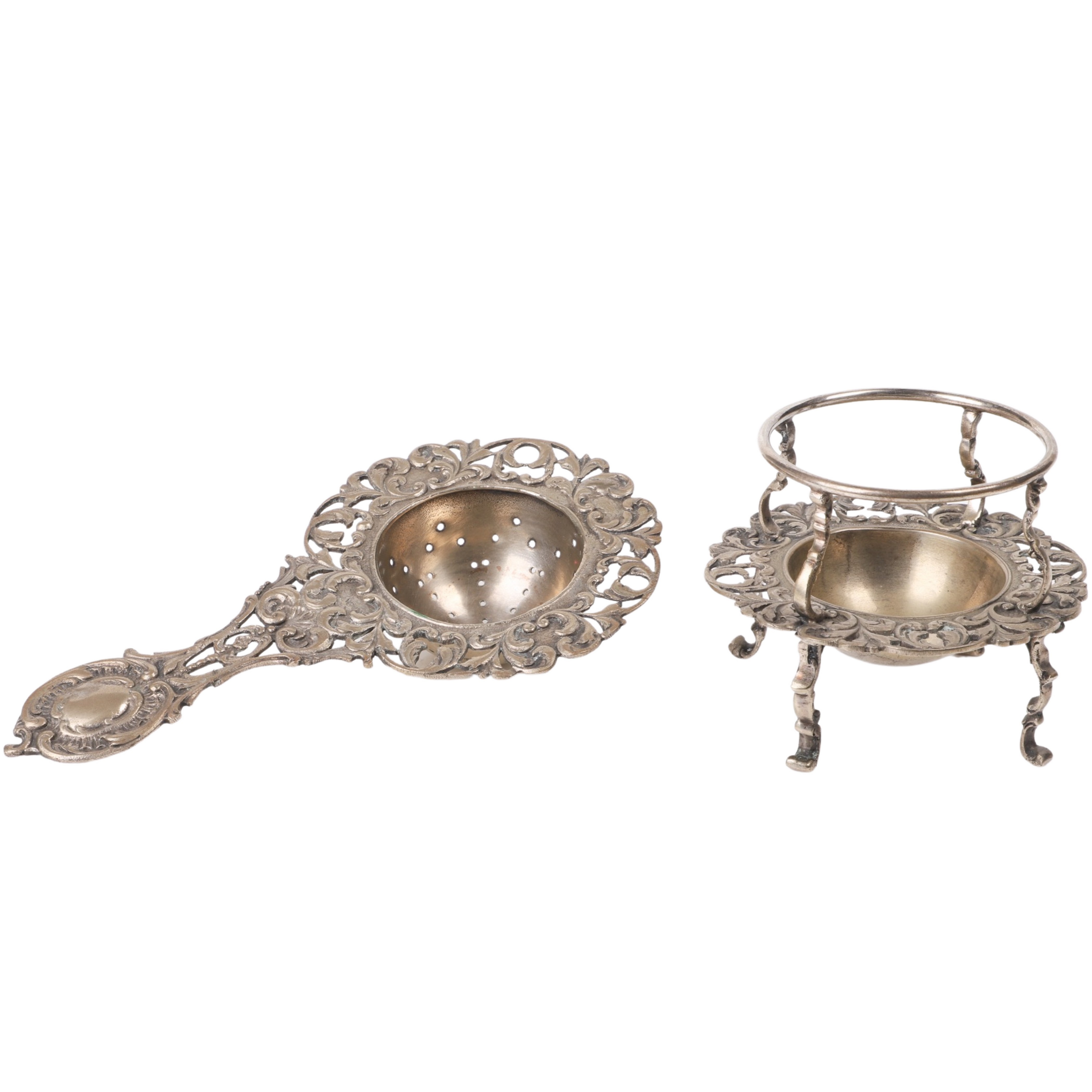 German silver tea strain and stand,
