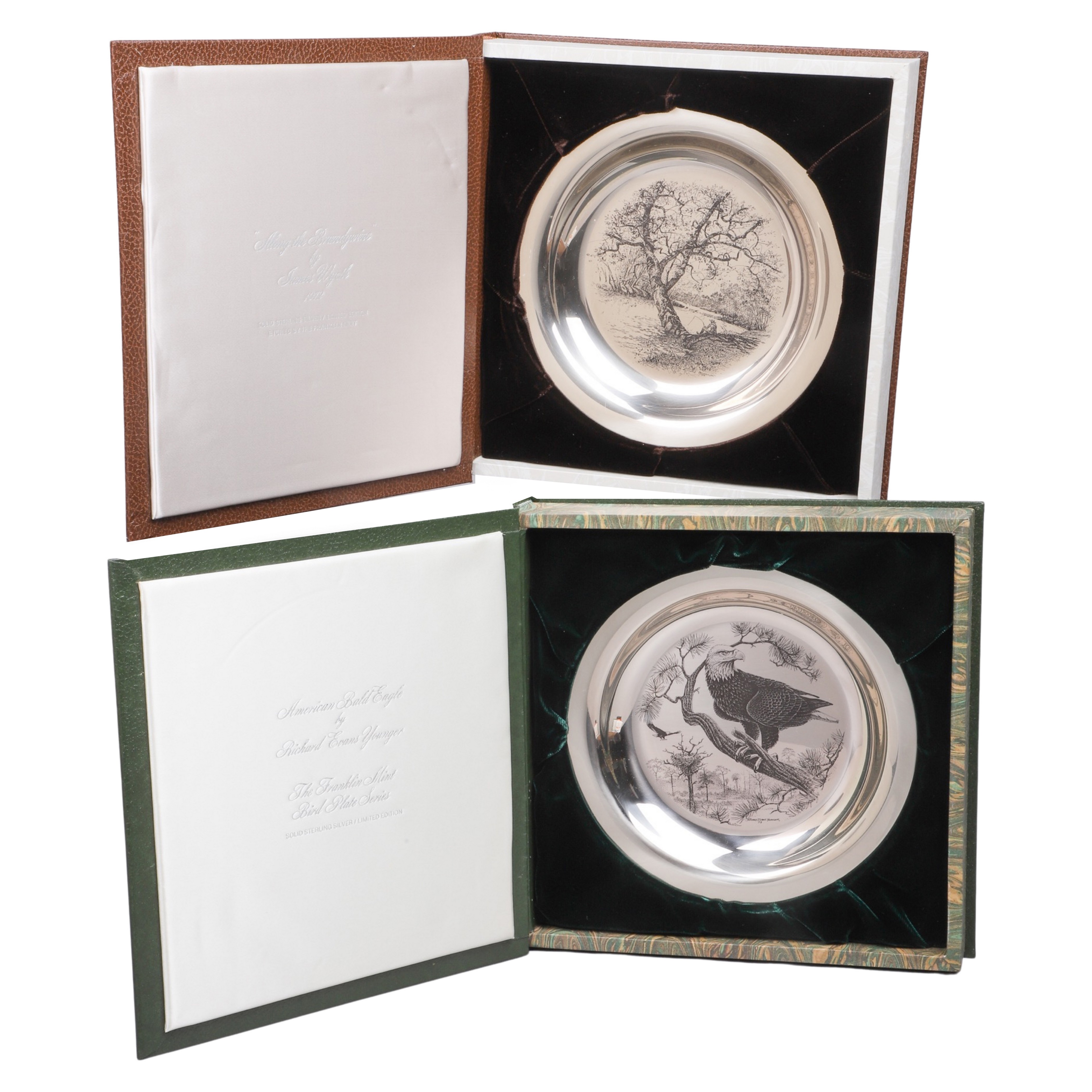 (2) Franklin Mint sterling etched plates