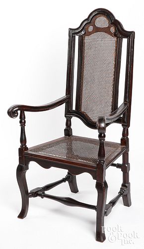 QUEEN ANNE MAHOGANY CANE BACK ARMCHAIR,