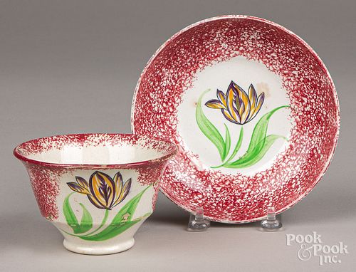 RED SPATTER CUP AND SAUCER WITH TULIPRed