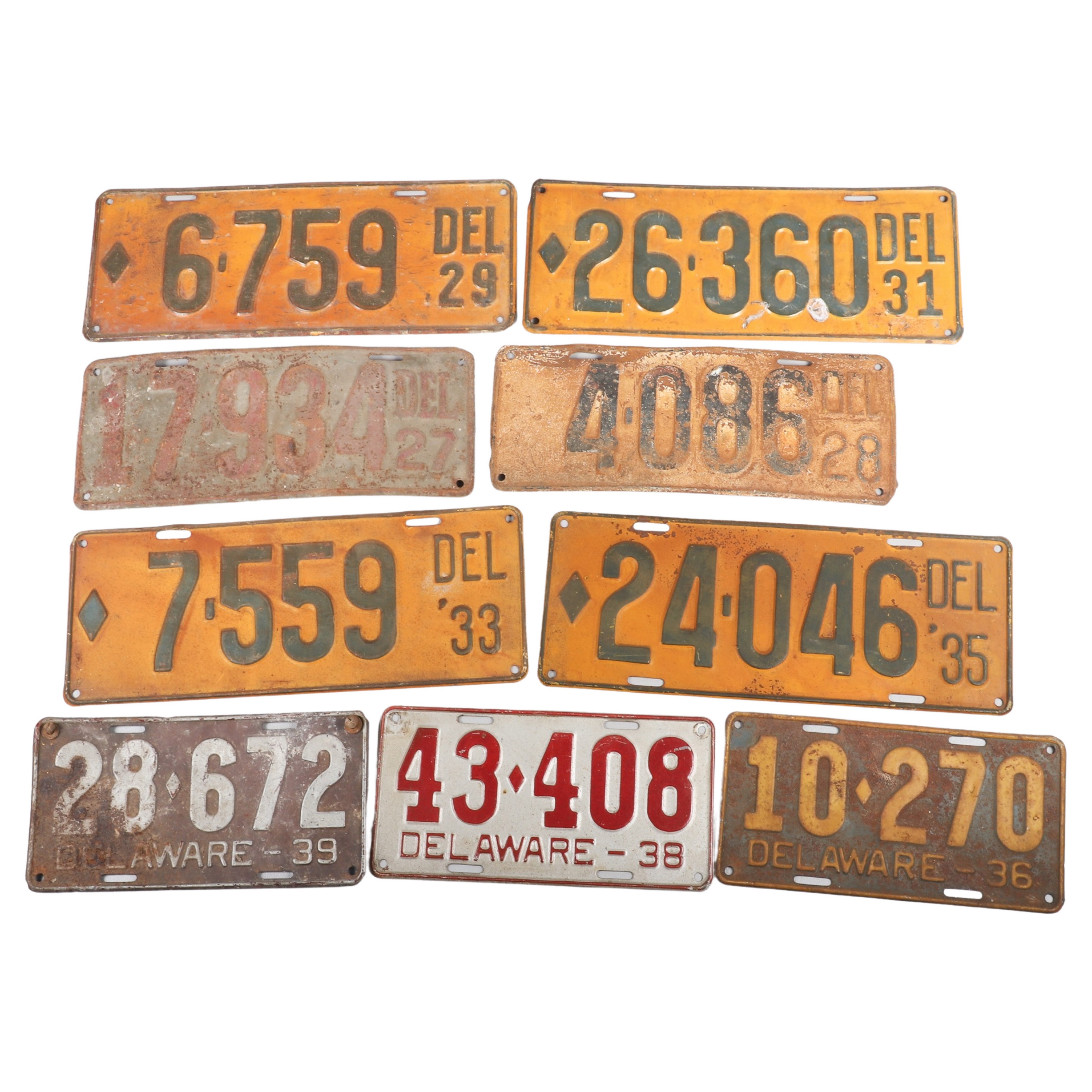 (9) Early 20th C Delaware license plates,