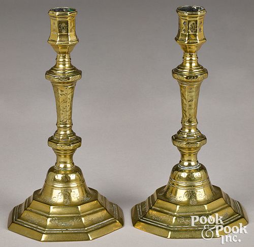 PAIR OF FRENCH ENGRAVED BRASS CANDLESTICKS  30ffdd
