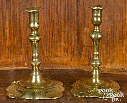 TWO ENGLISH QUEEN ANNE BRASS TAPERSTICKSTwo 31000e