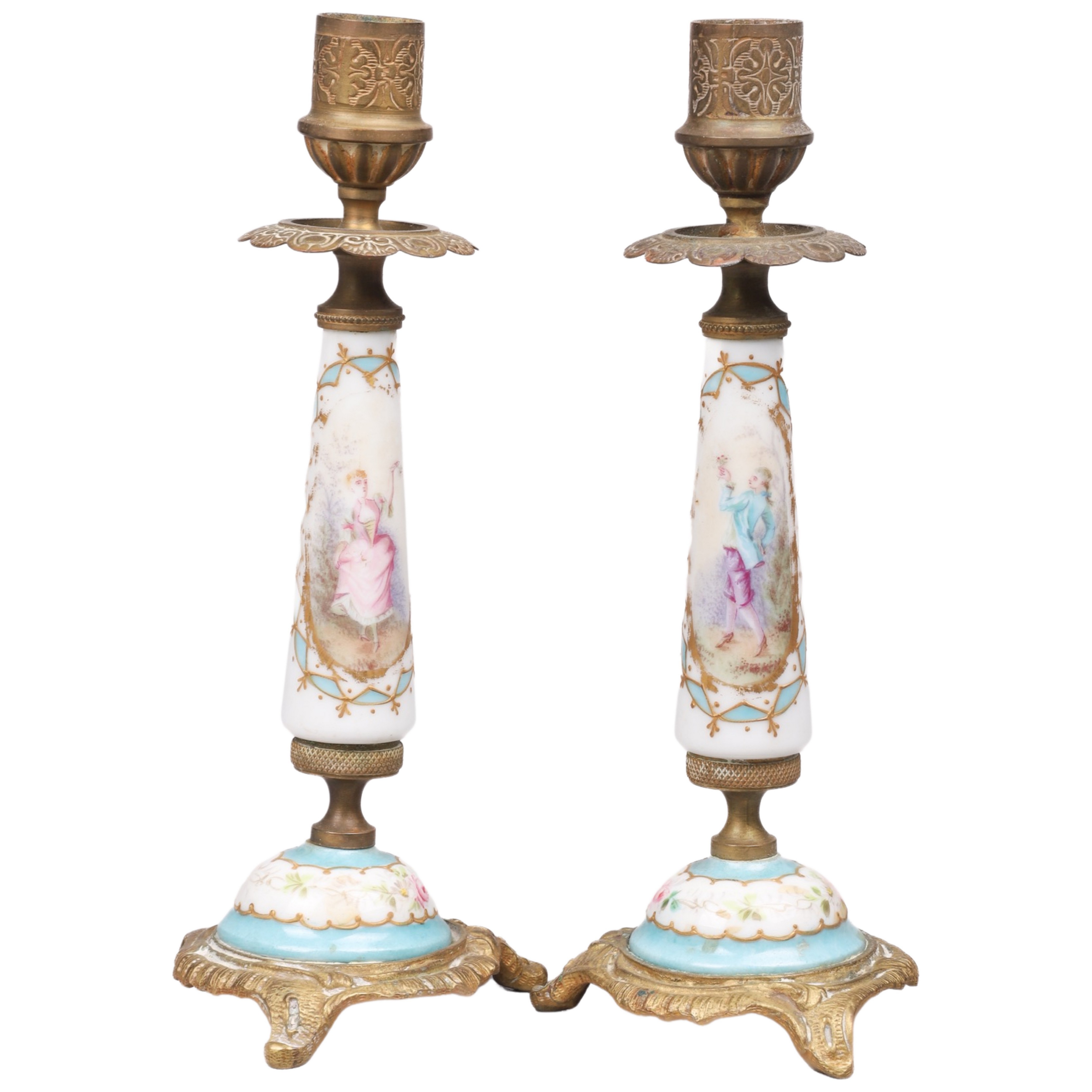 Meissen style porcelain and brass candlesticks,