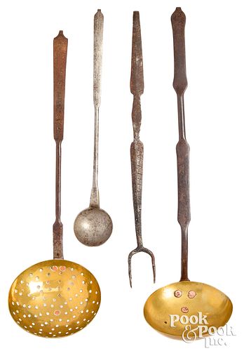 FOUR WROUGHT IRON AND BRASS UTENSILS  31004a