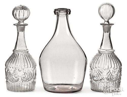 PAIR OF MOLD BLOWN GLASS DECANTERS,