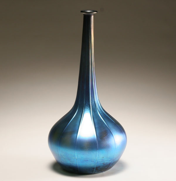 Large blue favrile glass vase with ribbed