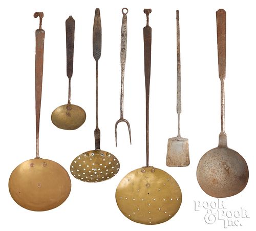 SEVEN WROUGHT IRON AND BRASS UTENSILS,