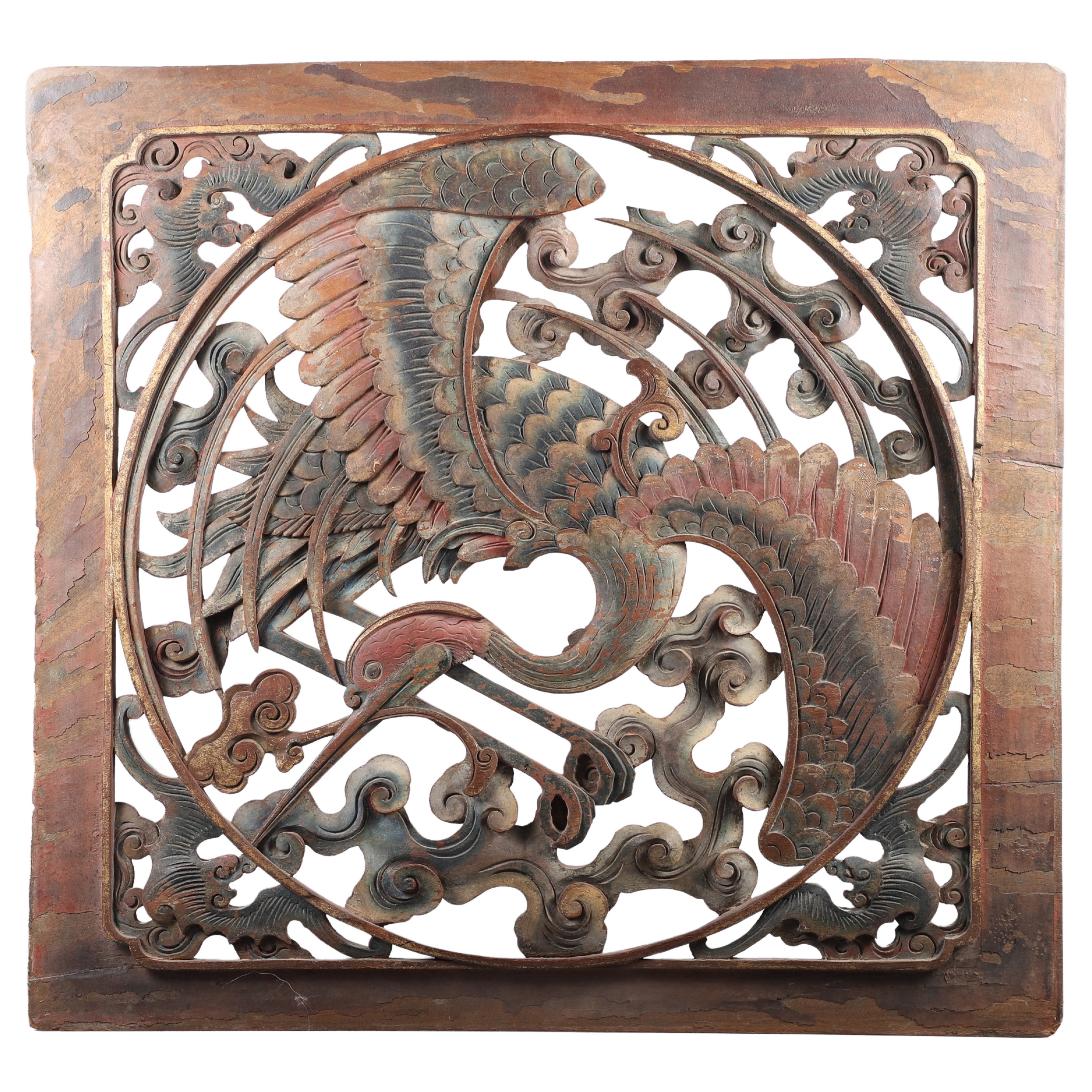 Chinese pierced wood heron panel,