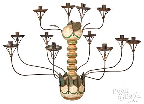TIN AND TURNED WOOD CHANDELIER,