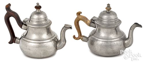 TWO ENGLISH QUEEN ANNE PEWTER TEAPOTS,