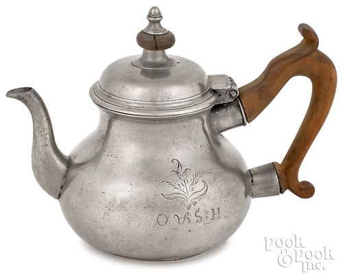 ENGLISH QUEEN ANNE PEWTER TEAPOT,