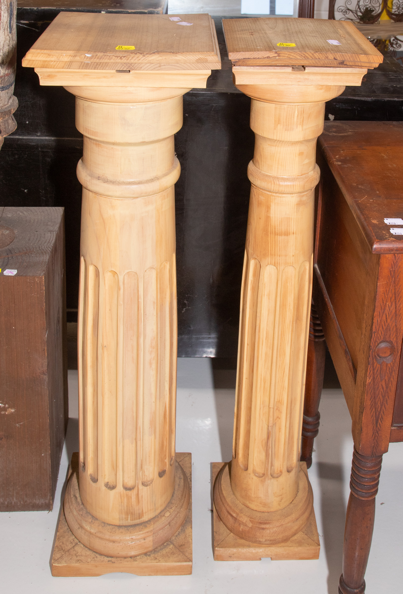 TWO CARVED PINE COLUMNAR PEDESTALS 3104d4